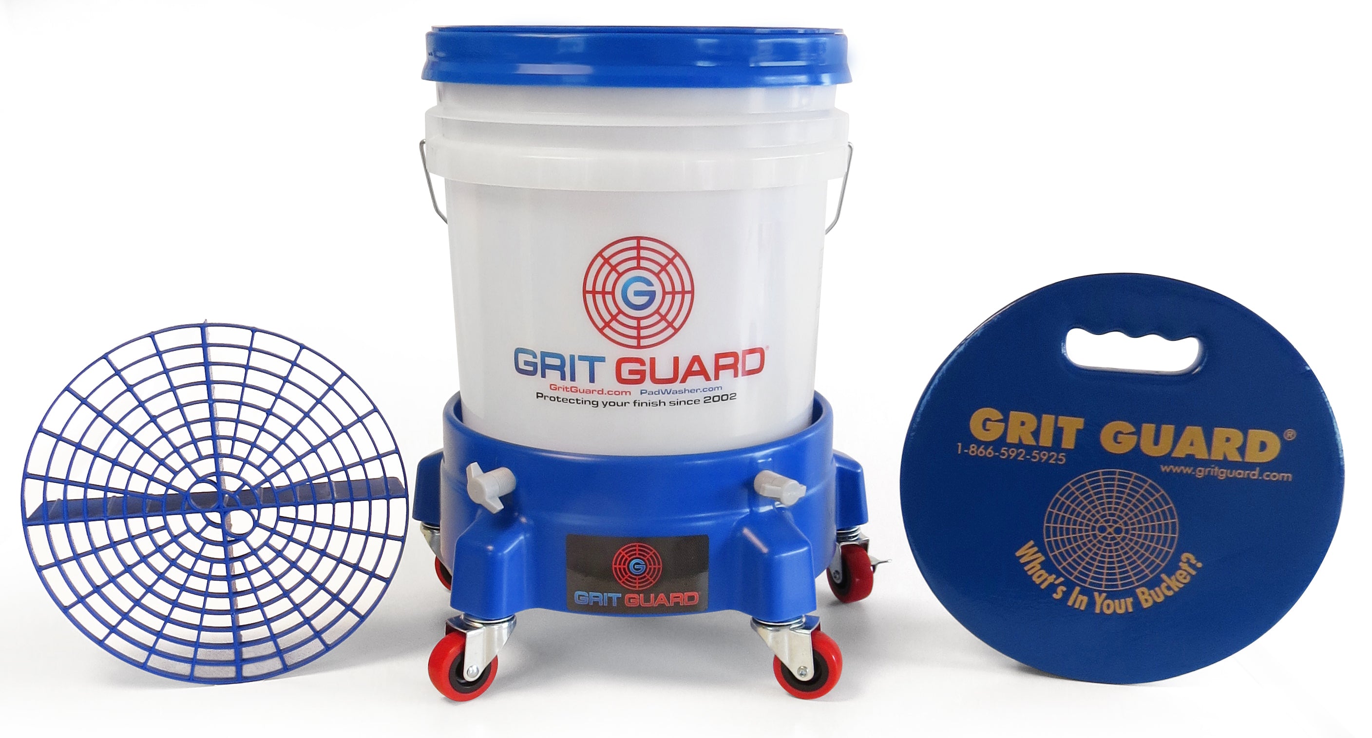 GRIT GUARD - 5 Gallon Bucket Dolly, Quality Made in The USA for Car  Washing, Construction, & Food Industry (Green, 3 Grey Casters)